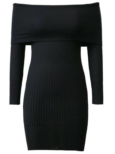 Black Ribbed Off The Shoulder Knit Bodycon Dress