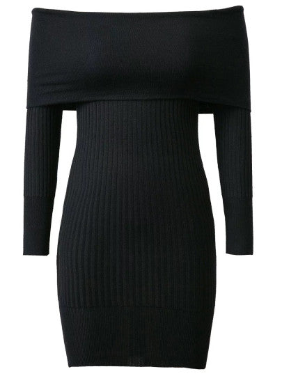 Black Ribbed Off The Shoulder Knit Bodycon Dress