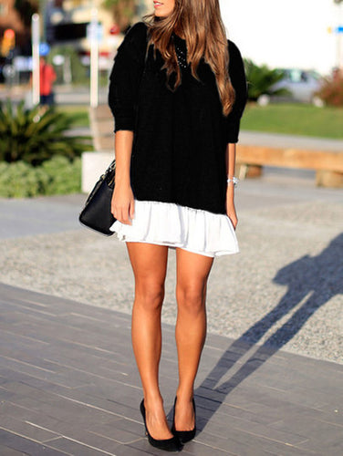 Black Round Neck Contrast White Flounce Hem Dress