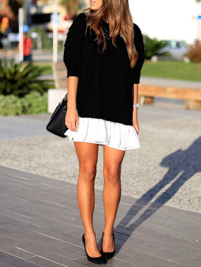 Black Round Neck Contrast White Flounce Hem Dress