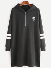 Black Zip Front Striped Sleeve Hooded Sweatshirt Dress