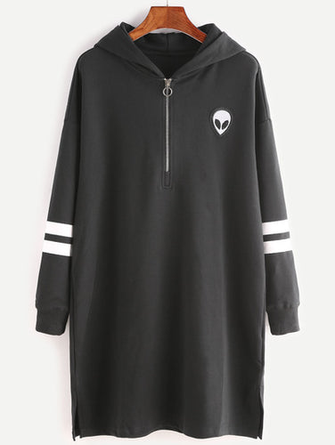 Black Zip Front Striped Sleeve Hooded Sweatshirt Dress