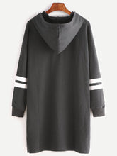 Black Zip Front Striped Sleeve Hooded Sweatshirt Dress