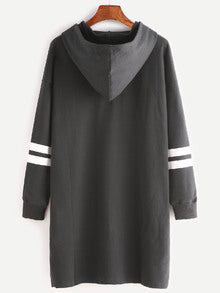 Black Zip Front Striped Sleeve Hooded Sweatshirt Dress