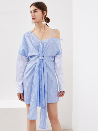 Asymmetric Shoulder Contrast Sleeve Pinstripe Shirt Dress