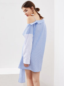 Asymmetric Shoulder Contrast Sleeve Pinstripe Shirt Dress