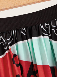 LETTER PRINT COLOR BLOCK PLEATED SKIRT