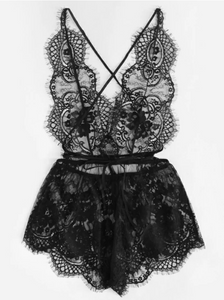 Criss Cross Backless Eyelash Lace Sleep Romper