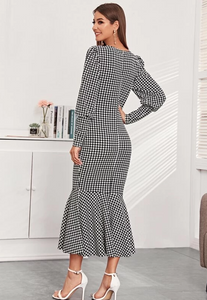 Lantern Sleeve Houndstooth Mermaid Dress