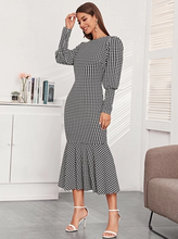 Lantern Sleeve Houndstooth Mermaid Dress