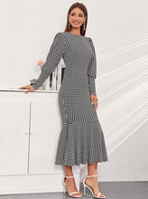 Lantern Sleeve Houndstooth Mermaid Dress