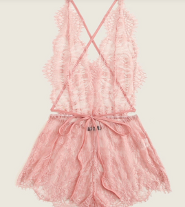 Criss Cross Backless Eyelash Lace Sleep Romper