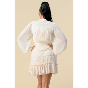 THE SANG Long Sleeve Button Up Cream Mini Skirt Dress