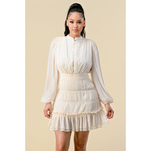 THE SANG Long Sleeve Button Up Cream Mini Skirt Dress