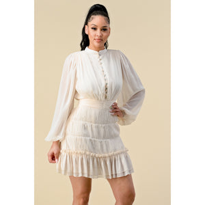 THE SANG Long Sleeve Button Up Cream Mini Skirt Dress