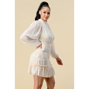 THE SANG Long Sleeve Button Up Cream Mini Skirt Dress