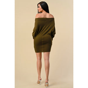 THE SANG Dolman Sleeve Olive Knit Dress With Long Sleeves