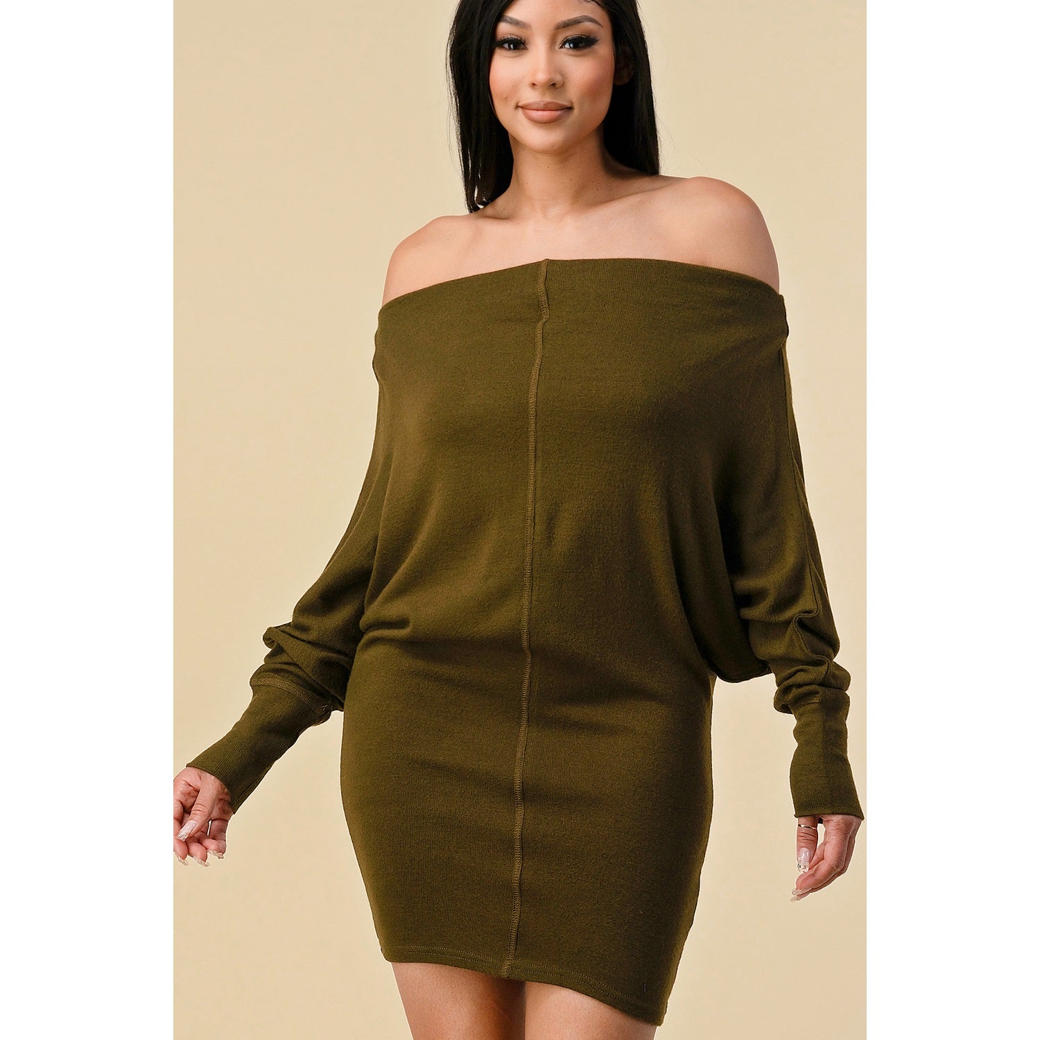 THE SANG Dolman Sleeve Olive Knit Dress With Long Sleeves SMALL