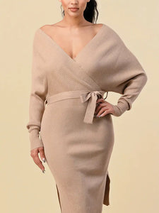 THE SANG Knit Mocha/Tan Dress With Belt Detail