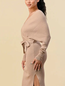 THE SANG Knit Mocha/Tan Dress With Belt Detail