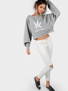 Heather Grey Graphic Print Asymmetric Off The Shoulder Sweatshirt