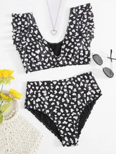 ALLOVER PRINT RUFFLE HIGH WAISTED BIKINI SWIMSUIT