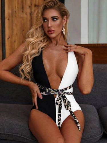 Two Tone Plunge Neck One Piece Swimsuit