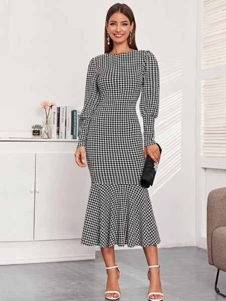 Lantern Sleeve Houndstooth Mermaid Dress