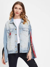 O-Ring Letter Tape Detail Zipper Ripped Denim Jacket