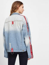 O-Ring Letter Tape Detail Zipper Ripped Denim Jacket