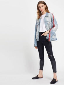 O-Ring Letter Tape Detail Zipper Ripped Denim Jacket