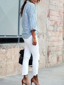 Blue Lapel Vertical Striped Blouse