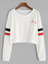 White Varsity Stripe Letter Embroidered Crop Sweatshirt