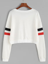 White Varsity Stripe Letter Embroidered Crop Sweatshirt