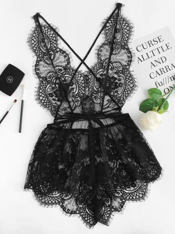 Criss Cross Backless Eyelash Lace Sleep Romper