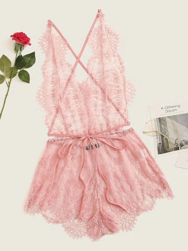 Criss Cross Backless Eyelash Lace Sleep Romper