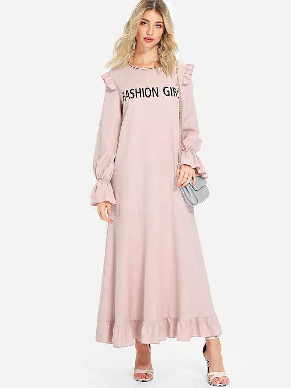 Letter Print Ruffle Embellished Dress