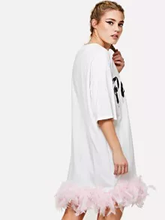 Letter Print Faux Feather Hem Dress