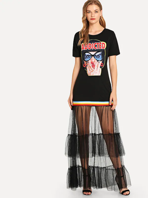 sheer mesh t shirt dress Print Sheer Mesh Panel Tee Dress M / Black