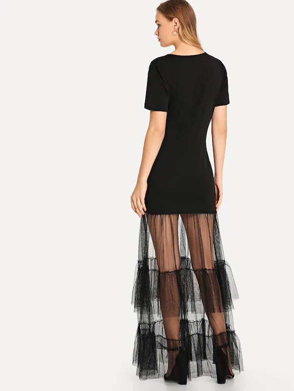 sheer mesh t shirt dress Print Sheer Mesh Panel Tee Dress M / Black