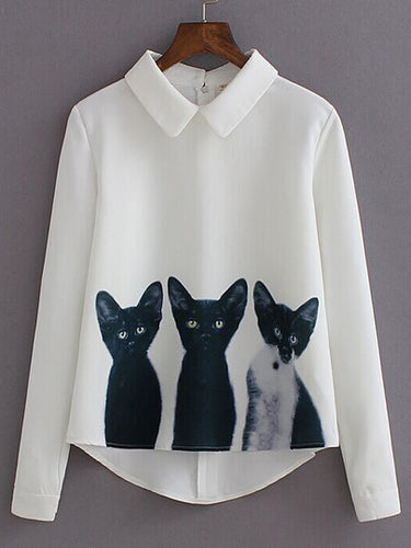 White Lapel Long Sleeve Cats Print Blouse