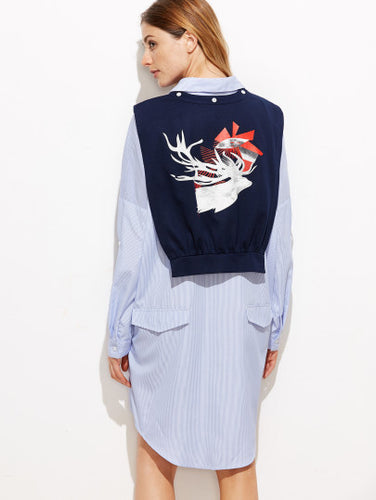 Blue Vertical Striped Curved Hem Shirt Dress with Shawl