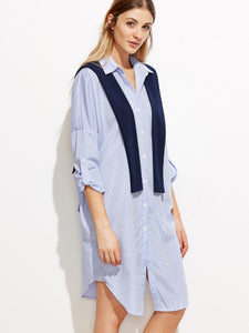Blue Vertical Striped Curved Hem Shirt Dress with Shawl
