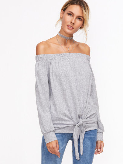 Grey Off the Shoulder Knotted Sweatshirt