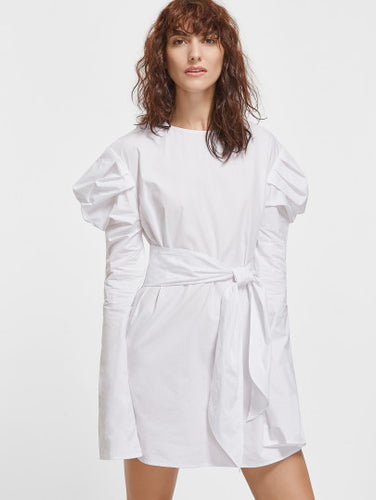 White Keyhole Back Self Belt Puff Sleeve Dress