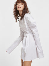 White Keyhole Back Self Belt Puff Sleeve Dress