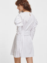 White Keyhole Back Self Belt Puff Sleeve Dress