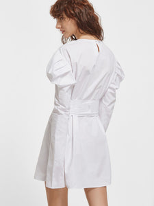 White Keyhole Back Self Belt Puff Sleeve Dress