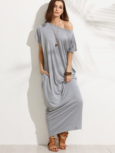Grey Pocket Short Sleeve Shift Maxi Dress