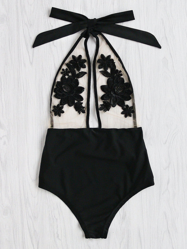 Flower Embroidery Halter Mesh Swimsuit